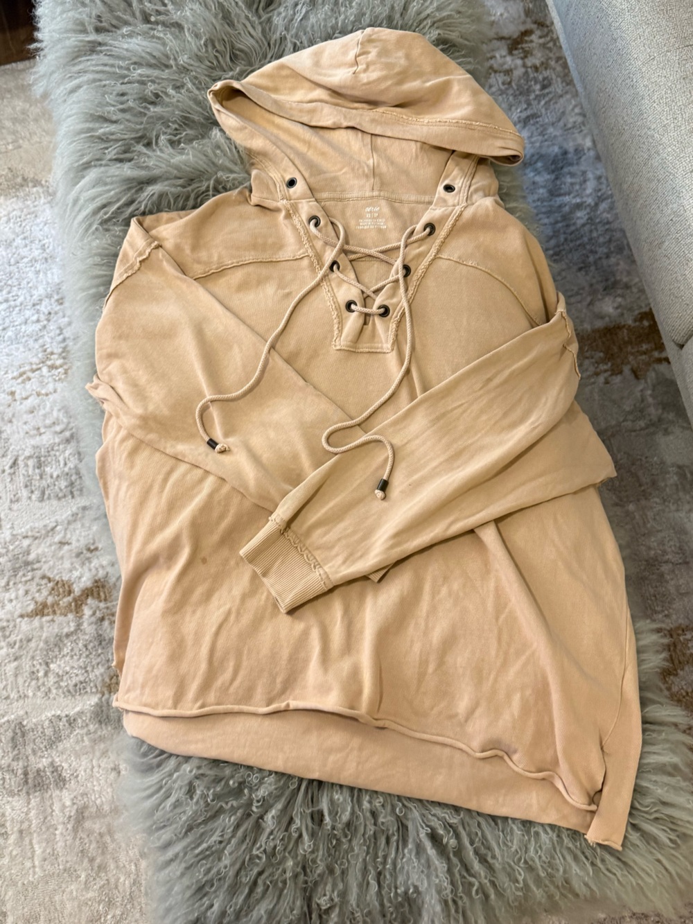 Aerie Lace-Up Pullover Hoodie in Light Camel